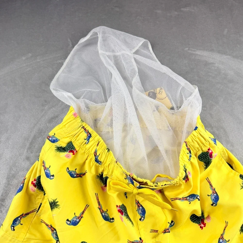 The‎ Image Men's Large Yellow Tropical Parrot Pineapple Swim Trunks Cargo Shorts